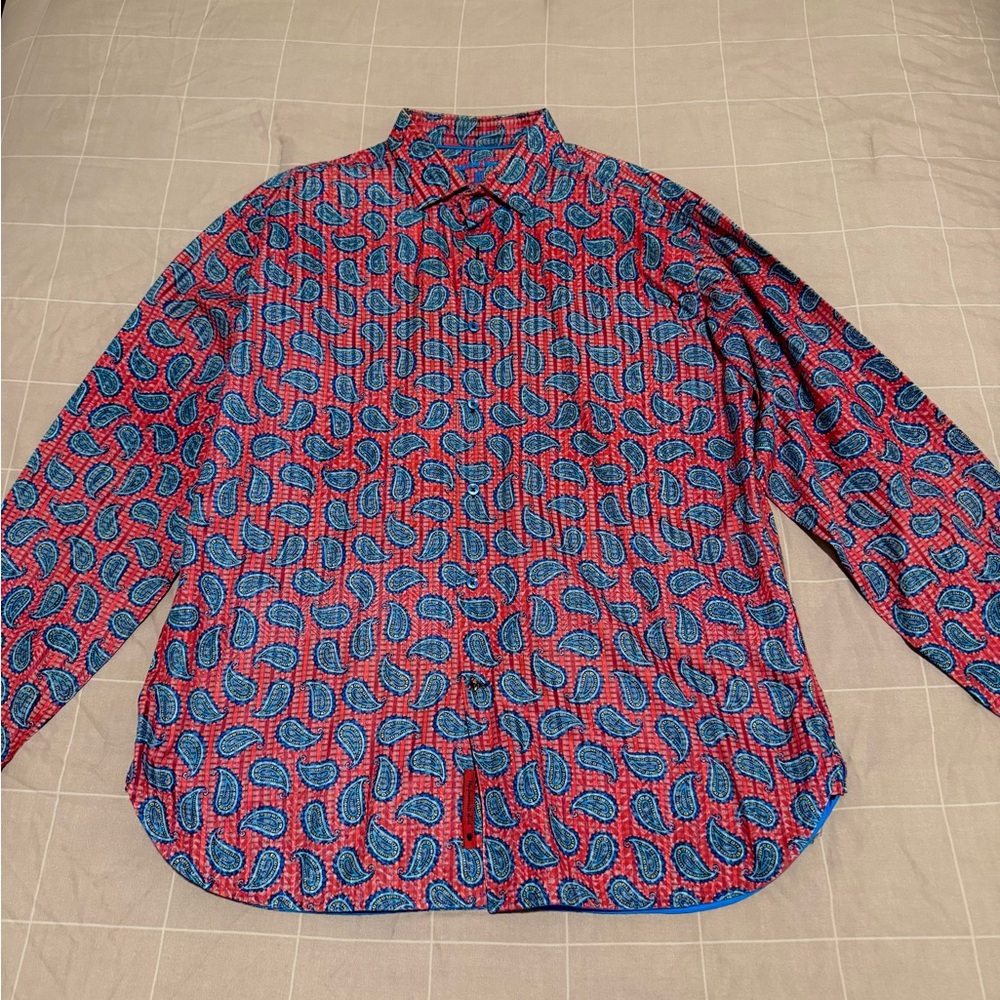 Men's Red & Blue Paisley-Print Button-Down Shirt